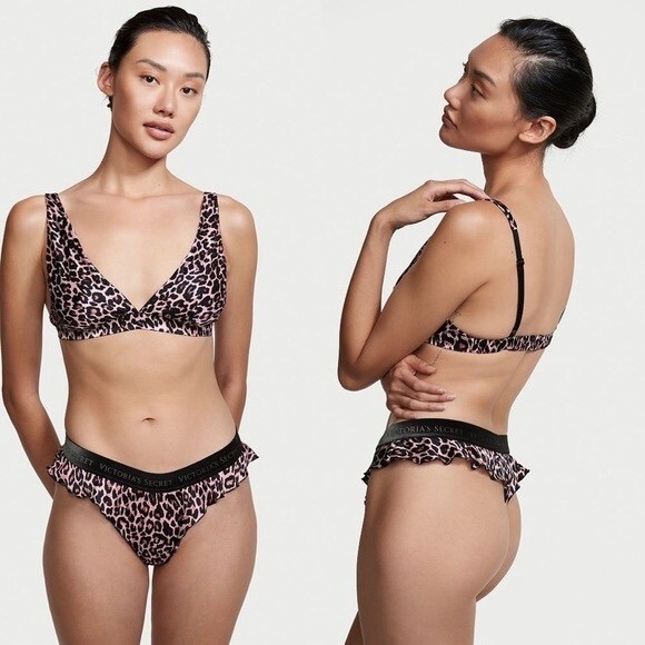 NWOT 100% Washable Silk Leopard Print Bra & Ruffle Velvet Silk Pajama Lounge Set - Picture 1 of 9